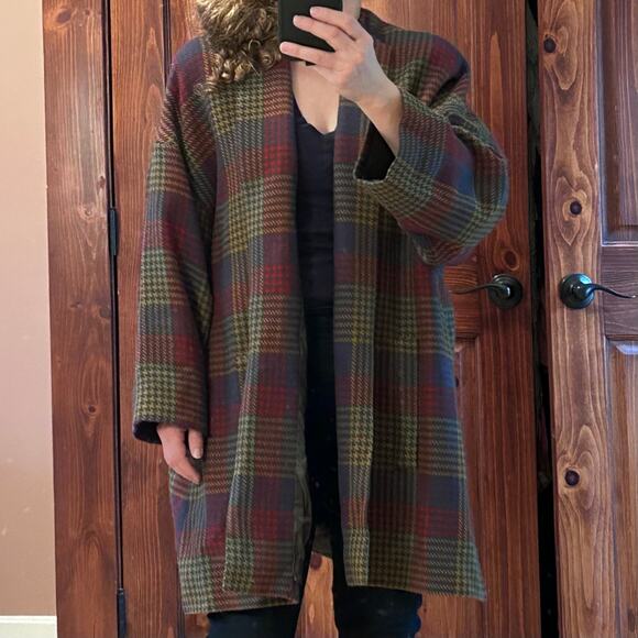 Jun Ashida Paris coat medium plaid houndstooth colorful wool oversized shawl - Picture 3 of 11